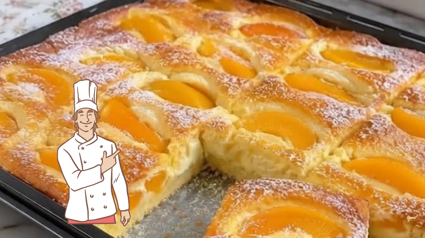 Torta di pesche in teglia con budino e panna acida